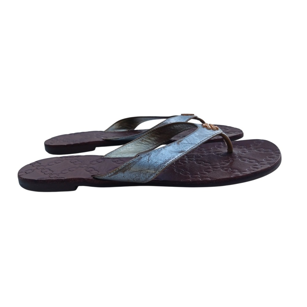 Tory Burch Thora Flat Thong Sandals Flip Flops Silver Brown Leather Women's 7 M